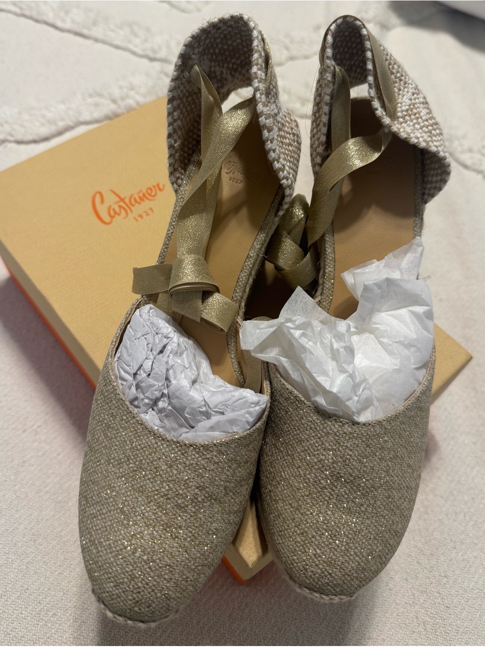 Castaner Metallic Champagne Espadrille Wedge with Ankle Wrap